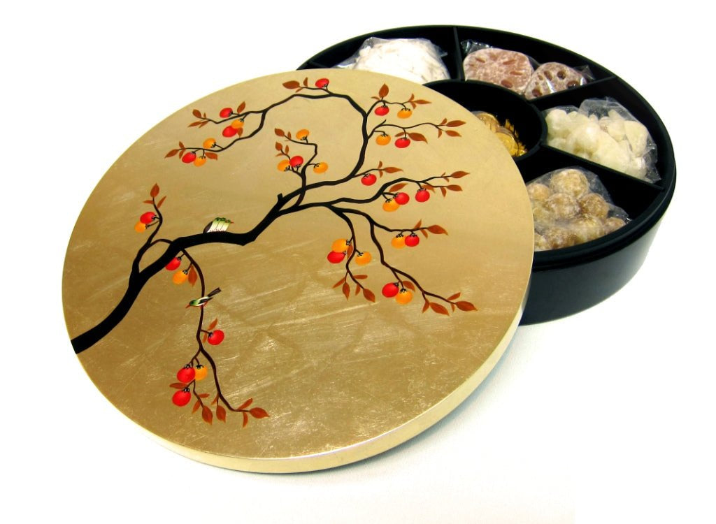 Eight Treasures Box, Round (L), Persimmons & Birds - Qua | Distinctive Gifts
