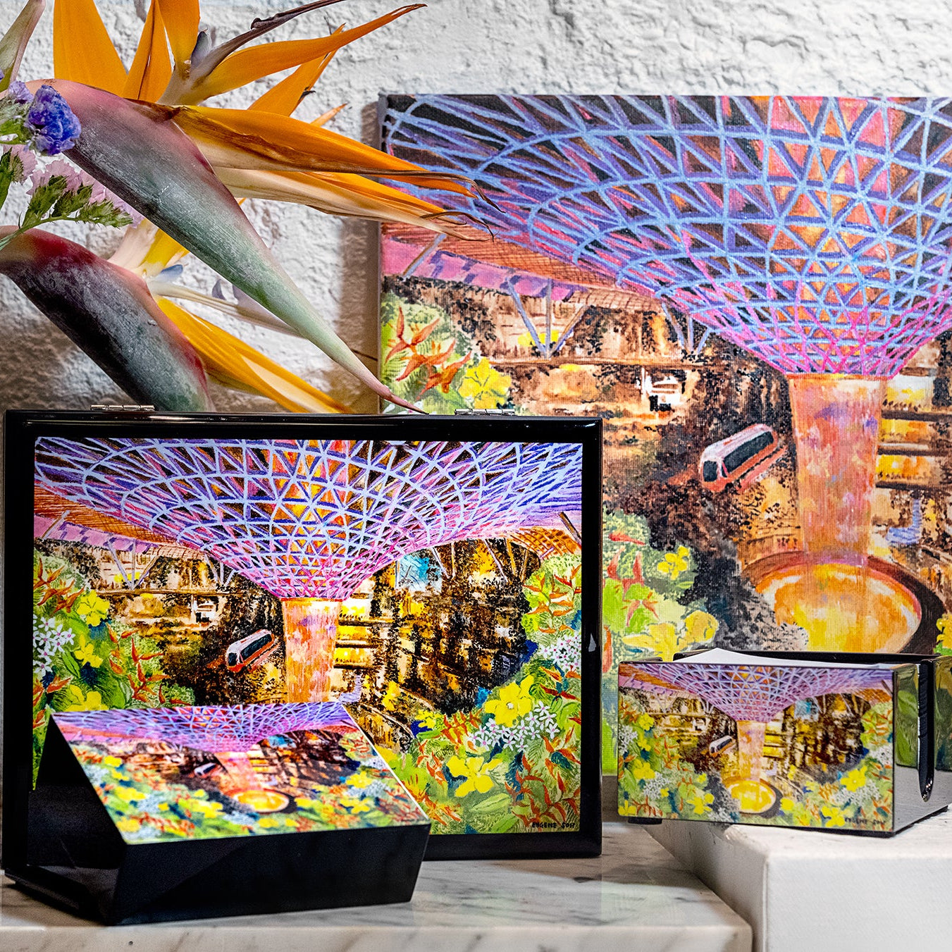 Desk Set (L) - Business Card Box + Notelet / Memo Pad Holder + Tray, City in Blossom - Jewel Within (Qua x ART:DIS)