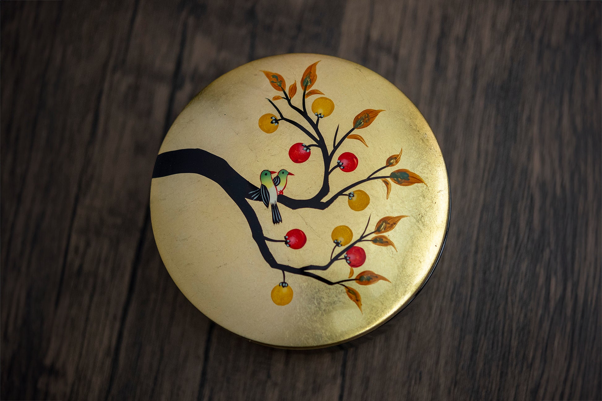 Round Trinket Box, Persimmons & Birds