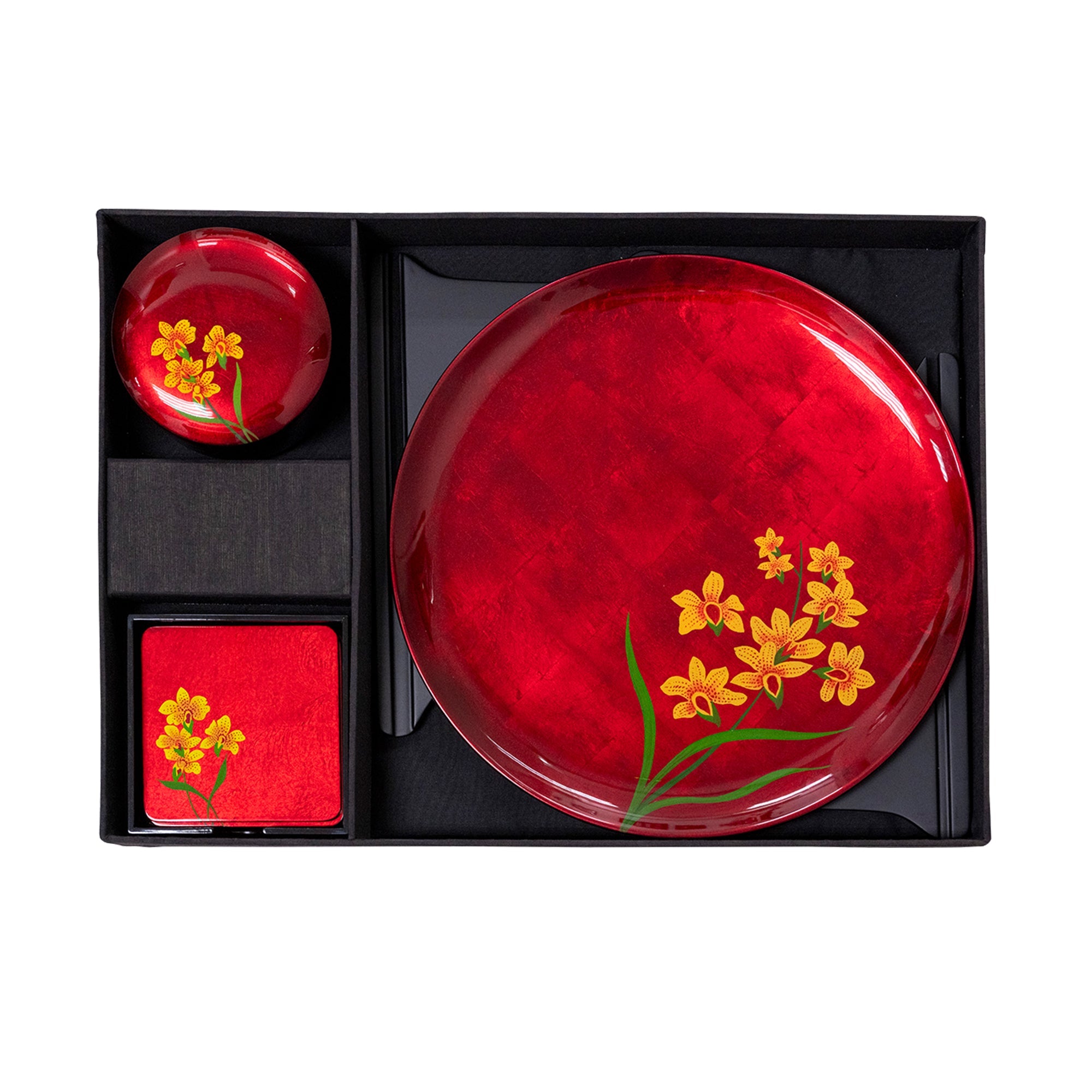 Dining Set A (Display Plate w/Stand, Coaster, Set of 4 & Round Box) - Orchid - Qua | Distinctive Gifts