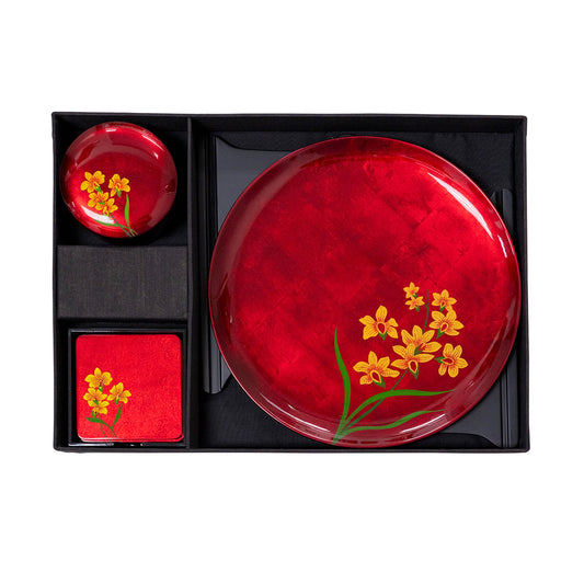 Dining Set A (Display Plate w/Stand, Coaster, Set of 4 & Round Box) - Orchid - Qua | Distinctive Gifts