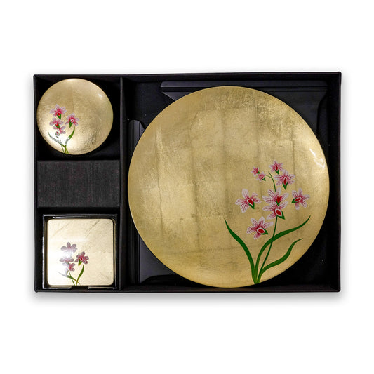 Dining Set A (Display Plate w/Stand, Coaster, Set of 4 & Round Box) - Orchid - Qua | Distinctive Gifts