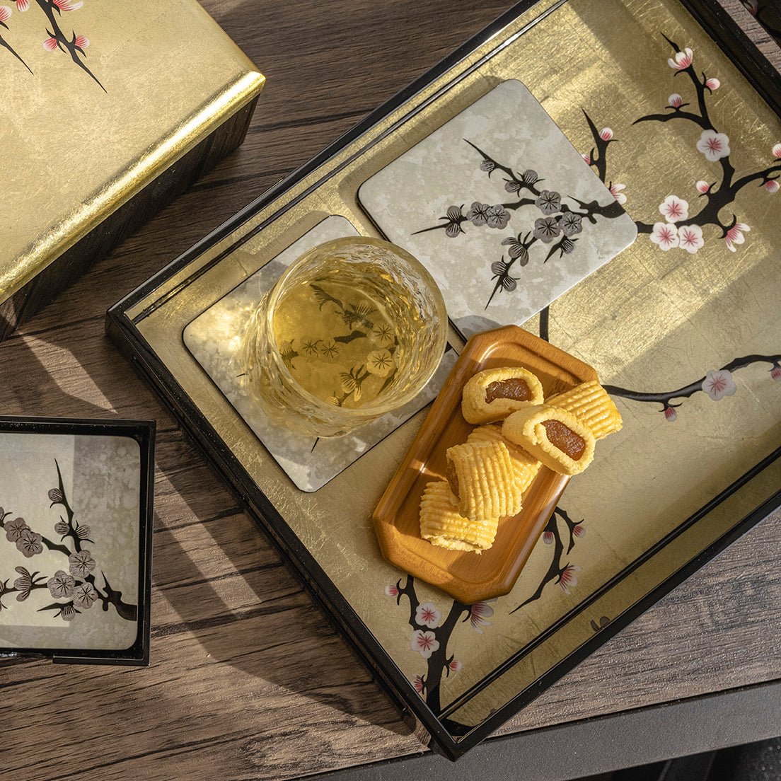 Rectangle Serving Tray (Silver/Red/Gold) - Cherry Blossom - Qua | Distinctive Gifts